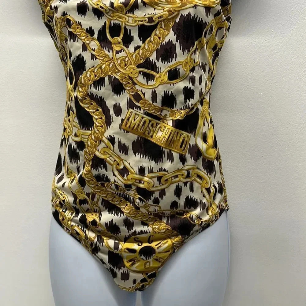 Moschino x H&M Swimsuit One Piece Bathing Suit Gold Chain Animal Black Size 8 - Picture 4 of 10